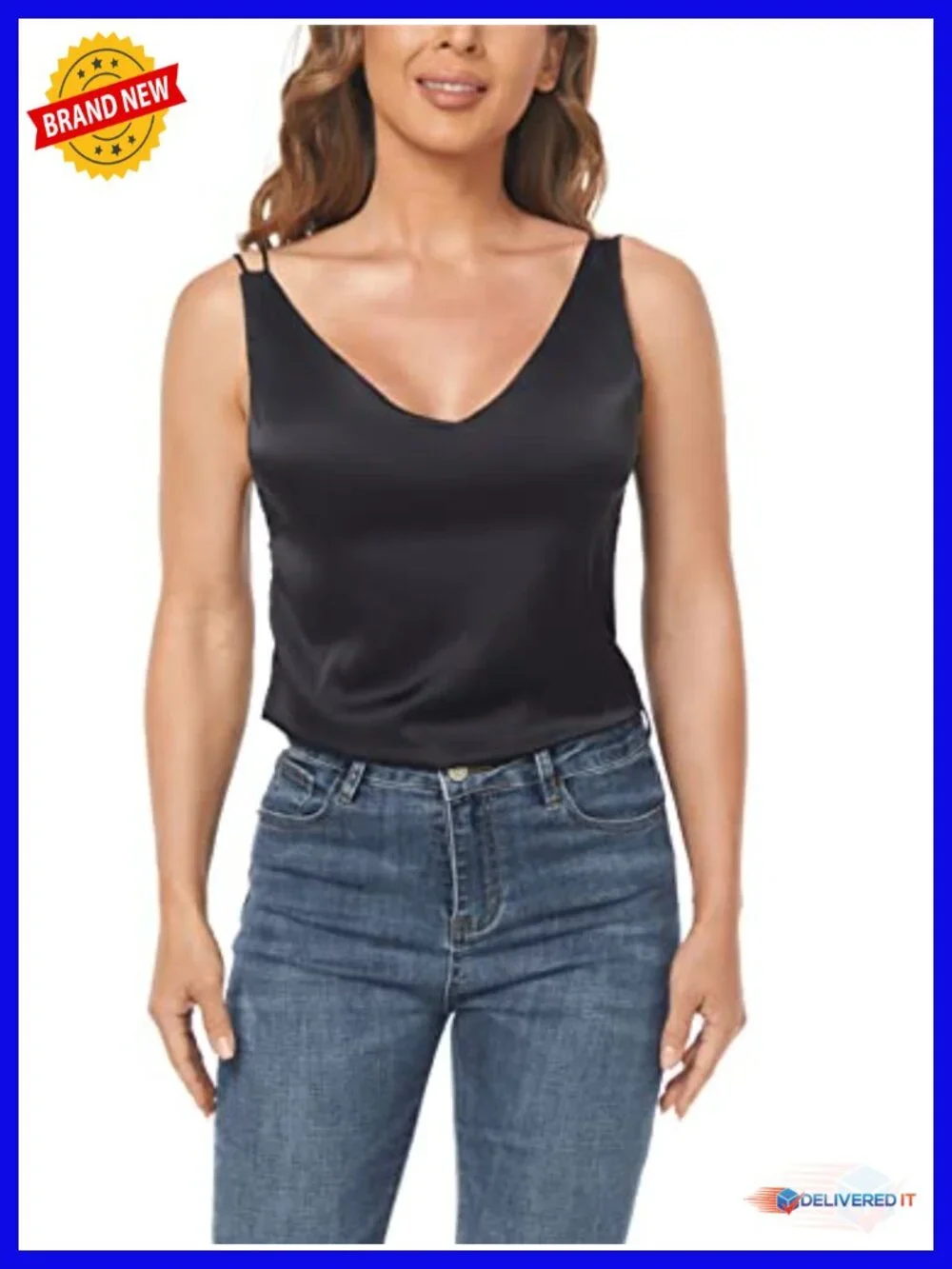 Silk Satin V Neck Camisole Spaghetti Strap Tank Top - Picture 3 of 6